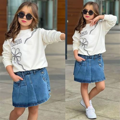 دوتیکه مجلسی دورس و دامن شلوارکی جین ترک کد 18877