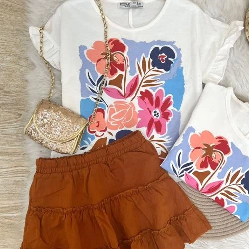 دو تیکه 3-14سال  تیشرت گلدار دامن ترک چیندار ترک کد 5947