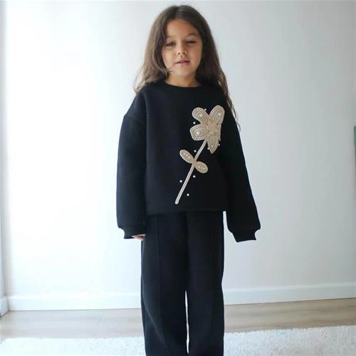 ست دو تیکه کرکدار دورس شلوار گل برجسته مشکی ترک کد 18441