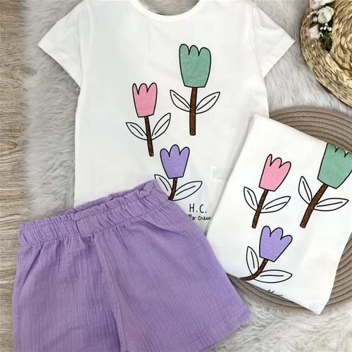 دو تیکه مجلسی تیشرت شلوارک گل موسلین زارا ترک کد 5973