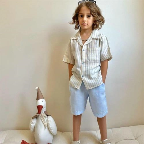 دوتیکه پیراهن راه راه و شلوارک موسلین ترک کد 18083