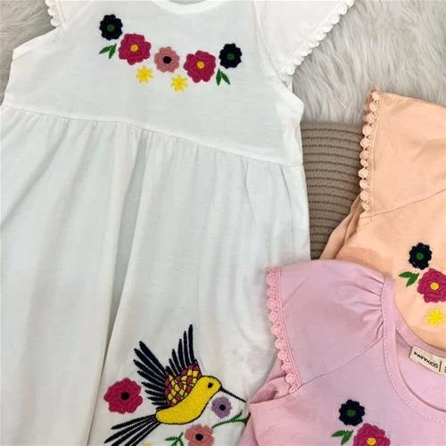 پیراهن نخ پنبه طرح گل و پرنده ترک کد 5886