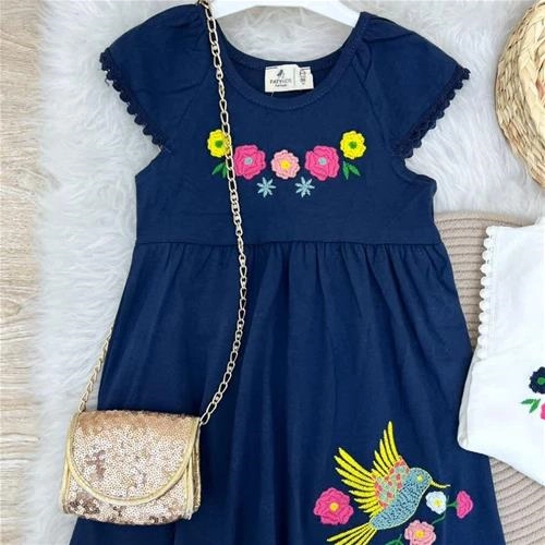 پیراهن نخ پنبه طرح گل و پرنده ترک کد 5886