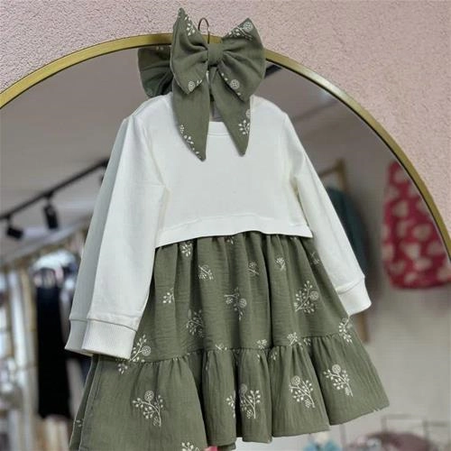 پیراهن بالاتنه دورس و پایین کتان  و گیره  ترک   3-7سال کد9999