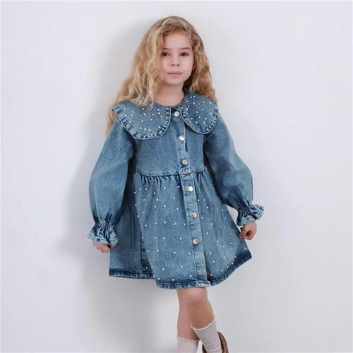 پیراهن جین دکمه دار مرواریدی ترک 4-12سال کد 18979