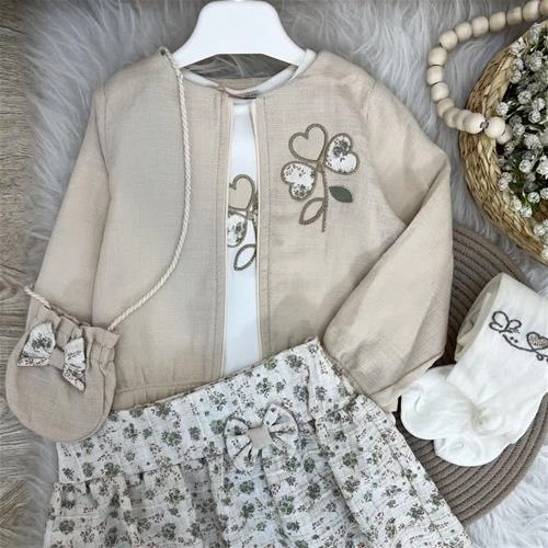 چهارتیکه کت و دامن  کیف و بلوز نخ پنبه ترک 1-4سال کد 10393